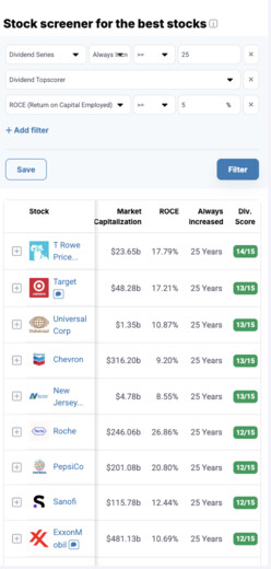Find the best stocks with the StocksGuide stock screener on your smartphone.