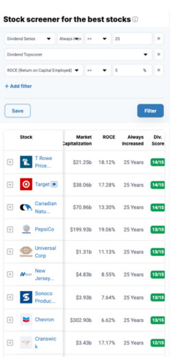 Find the best stocks with the StocksGuide stock screener on your smartphone.
