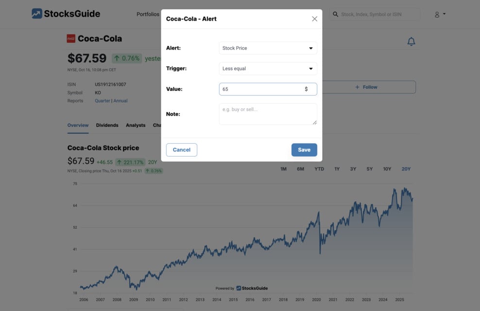 StocksGuide Create alarm