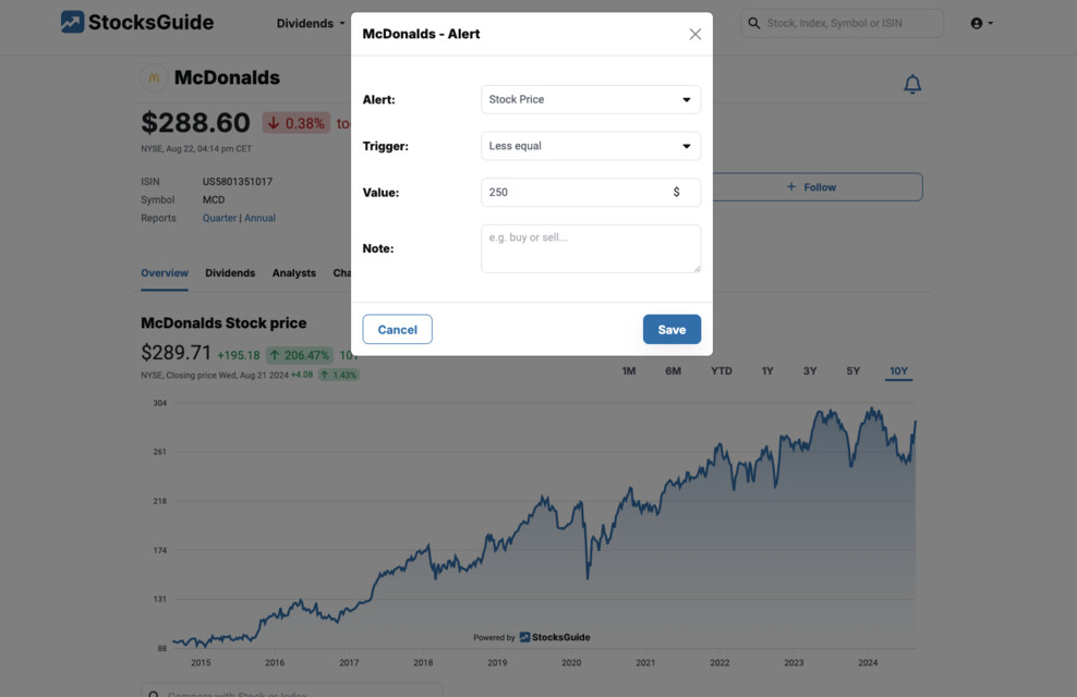 StocksGuide Create alarm